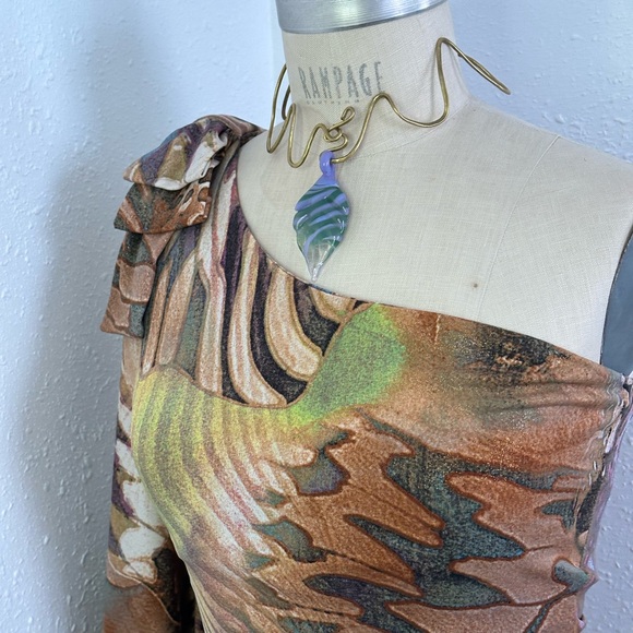 CACHÉ Y2K *RARE* stretchy asymmetric dress butterfly print w. gold metallic - Picture 4 of 7